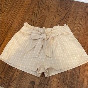 Paperbag Waist Cotton Shorts - Beige Stripe